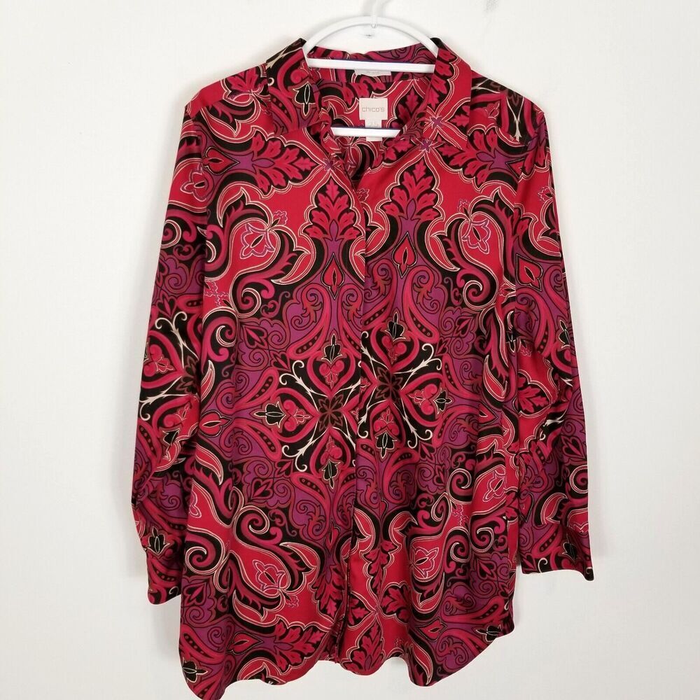 Chico's Women's Paisley Button Up Tunic Top Blouse Sz 14 Red Long Sleeve Artsy
